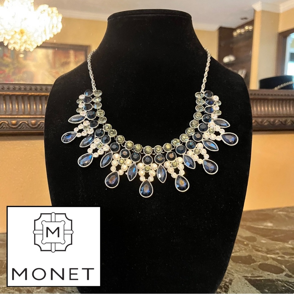 STUNNING! Monet Silver, Blue, and Green Teardrop Adjustable Length Necklace
